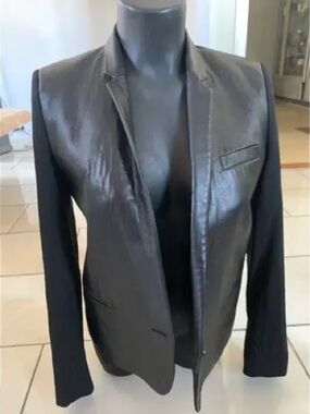 The Kooples Leather & Wool Woman’s Black Blazer.  Size FR 34. US size 2.